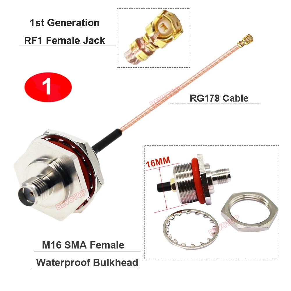 1PCS M16 SMA to IPX RG178 Cable 1st Generation RF1 Female to M16 RP-SMA/ SMA Female Waterproof Bulkhead Antenna Extension Jumper