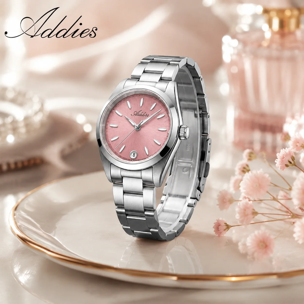 ADDIES Powder Ladies Quartz Watch Date Display BGW9 Luminous Women's Stainless Steel Wristwatches Sapphire Glass Luxury Watches