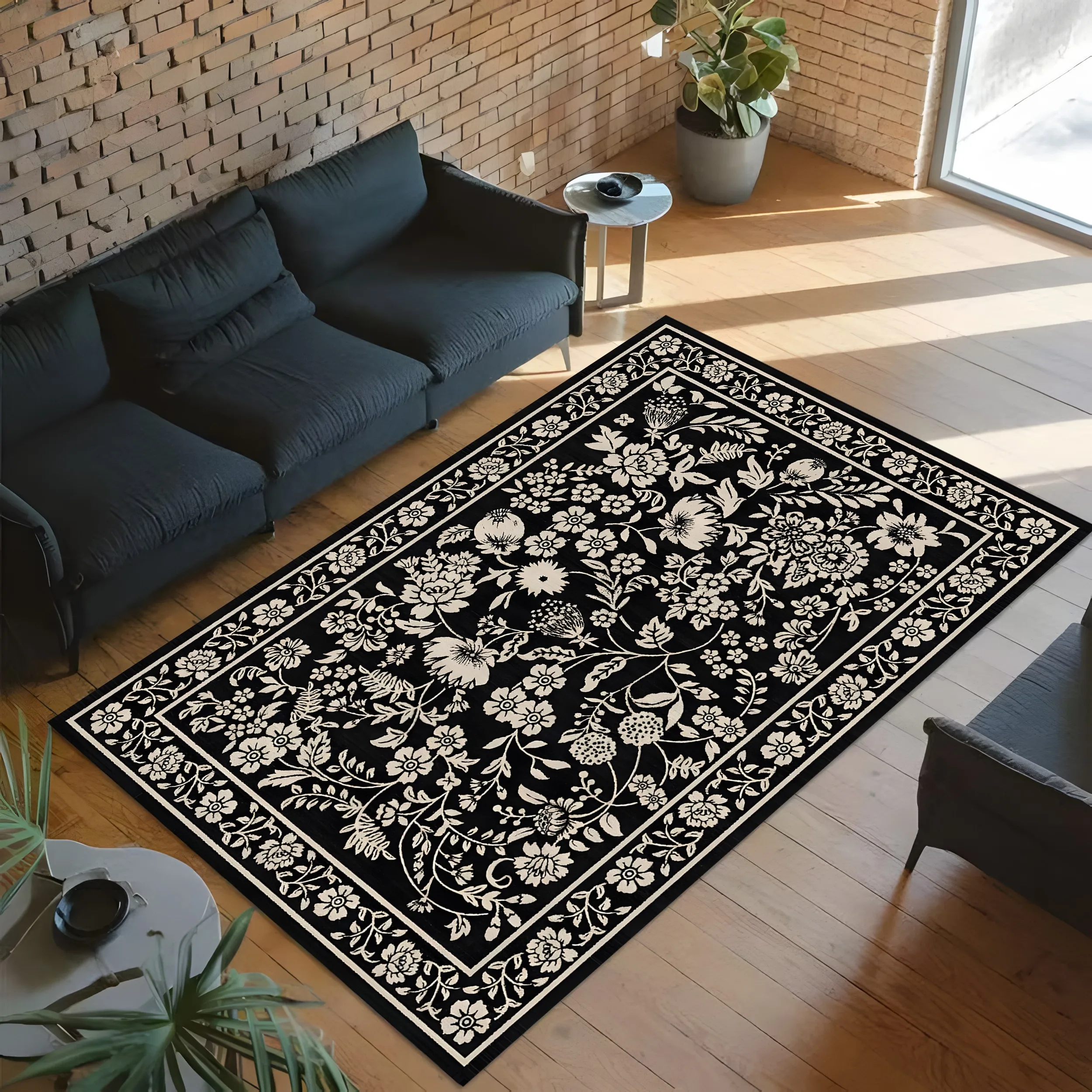 Black Beige Floral Print French Retro Velvet Rug for Housewarming Living Room Bedroom Entryway Elegant Home Decor