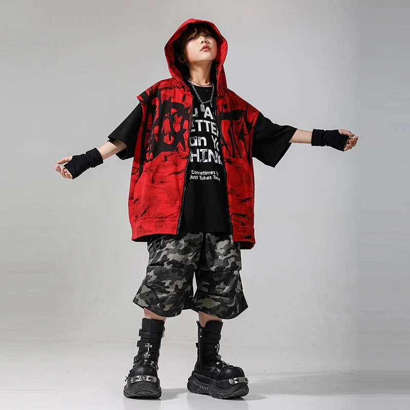 الأطفال قاعة الرقص الهيب هوب أزياء مسرحية للفتيات الأحمر مقنعين القمم التمويه السراويل دعوى الأولاد ملابس الجاز DQS19583