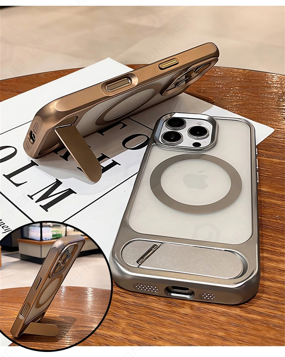 Matte Transparent Invisible Folding Stand Magnetic Case For iPhone 15 16 17 Pro Max 14 13 12 For Magsafe Wireless Charging Cover