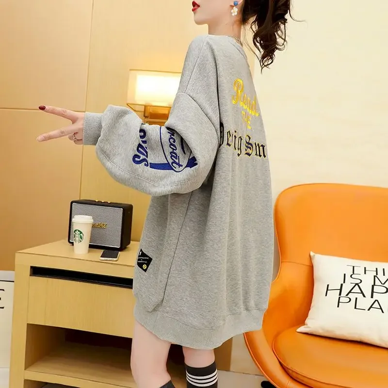 Fashion Mid-length Pullovers Women Autumn Winter Trend Top Casual Loose Letter Embroidery Plus Fleece Pullover Aesthetic Clothes