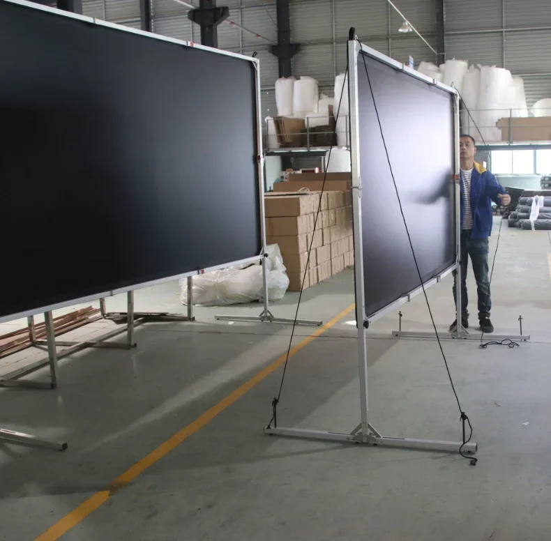 Xinjieke-Película de proyector de pantalla portátil de plegado rápido con soporte, marco de aluminio de 150 pulgadas, PVC, pantalla de proyección blanca mate