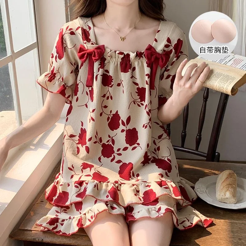 New Women Floral Short Sleeve and Shorts Pajama 2/PCS Adult Set with Chest Pad Cute Rest Home Wear Girls Student Casual Pajamas