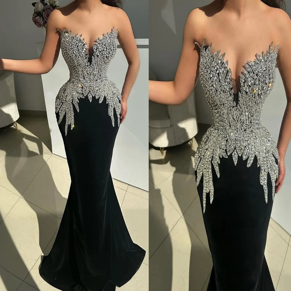 Off Shoulder Satin Saudi Evening Dresses Shiny Crystal Mermaid Prom Gown Backless Long Party Dress with Court Customized
