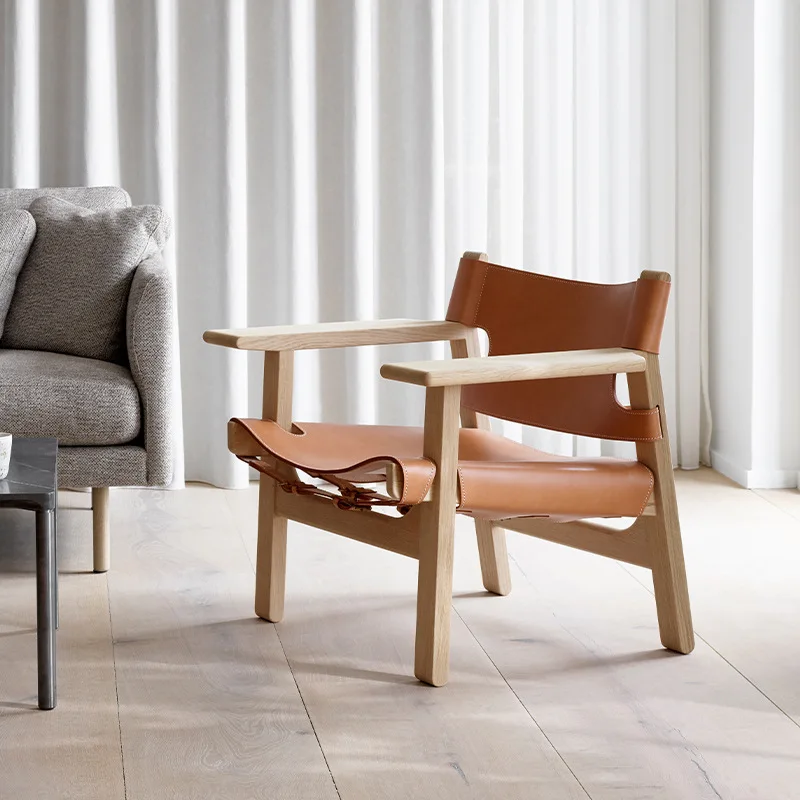 

Wabi Spanish chair saddle leather single seat Nordic living room hunting chair bedroom with armrests solid wood chair