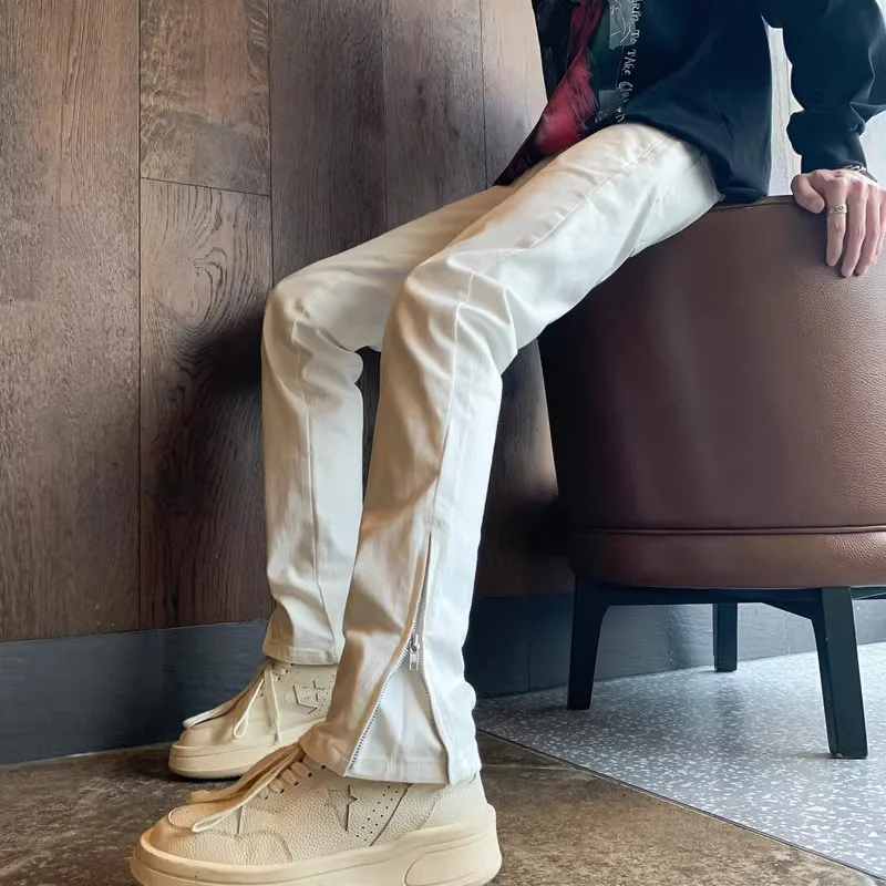 

Straight Jeans Men Flare Pants Jean Ankle Length Denim Pant Loose Solid Spliced Washed Zipper Fly Mid Waist Pockets Casual
