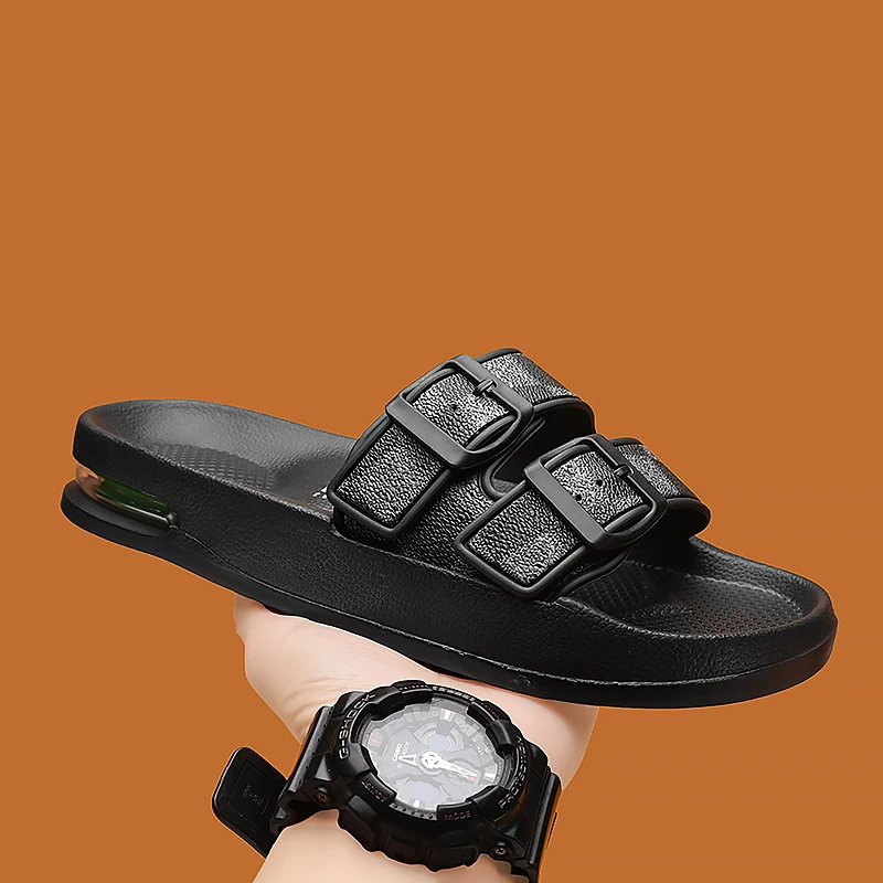 Zapatillas de moda para hombre 2025, novedad de verano, chanclas de diseño, zapatillas de cuero de lujo, zapatos de playa informales con sandalias con cojín de aire