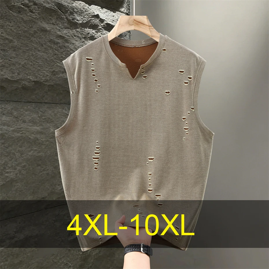 

Summer Ripped Vest Men 10XL Plus Size Tank Tops Fashion Casual V-neck Vests Male Big Size 10XL