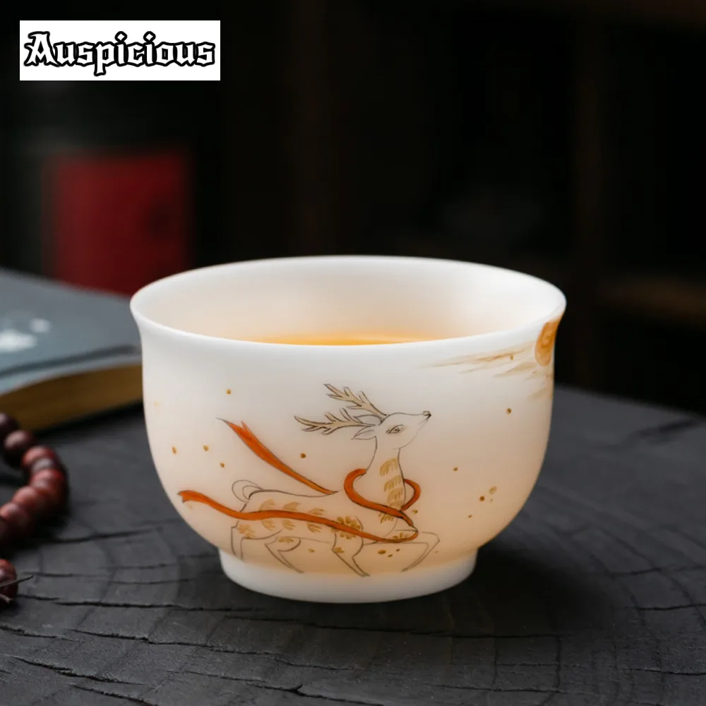 140ml Hand-painted Deer Ceramic Teacup High End Ice Jade White Porcelain Master Cup Personal Tea Bowl Mug Chazhan Drinkware Gift