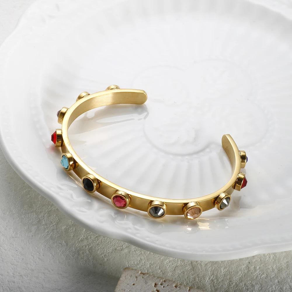 New Fashion Stainless Steel Gold Plated Colorful Birthstone Bracelet Cubic Zirconia Cuff Bangle for Women Wedding Party Jewelry