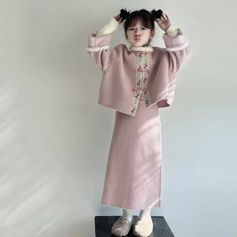 

Girls Clothes Suit Winter 2023 New Chinese Tang Suit Woolen Coat National Style Half Skirt New Year's Day Two-piece Suit