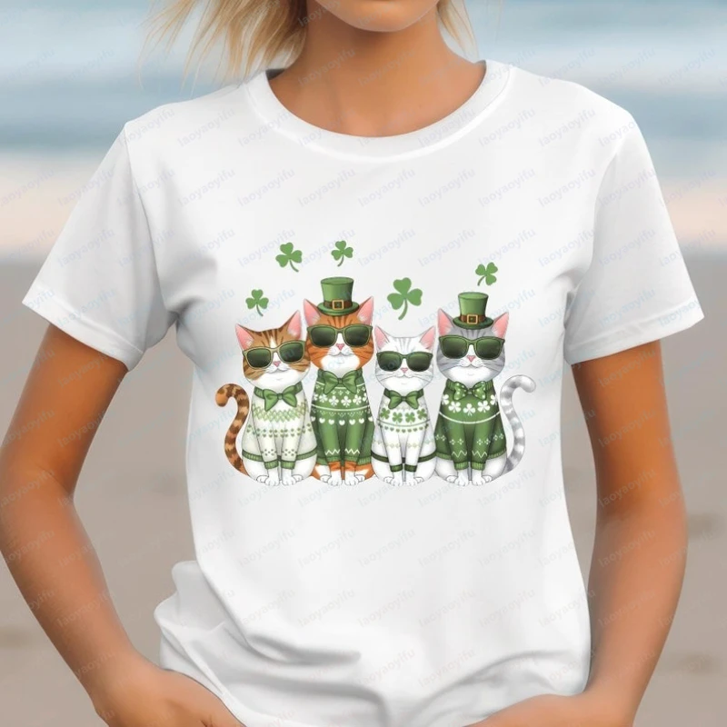 St. Patrick’s Cats Kawaii Cotton T-Shirt Lucky Cats Tee Saint Patricks Day Clothes Fun Kitten with Shamrocks Irish Graphic Tops