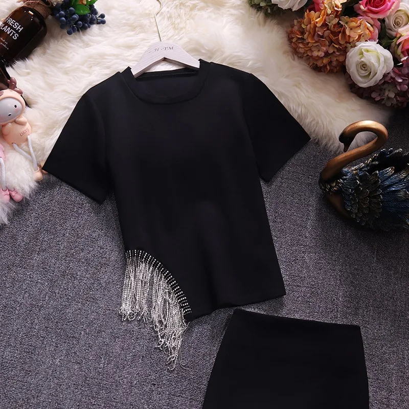 Irregular Diamond-studded Tassel Short T-shirt Women 2021 Summer New Slim Round Neck Top + Mini Skirt Sexy Two Piece Set 두조각 세트