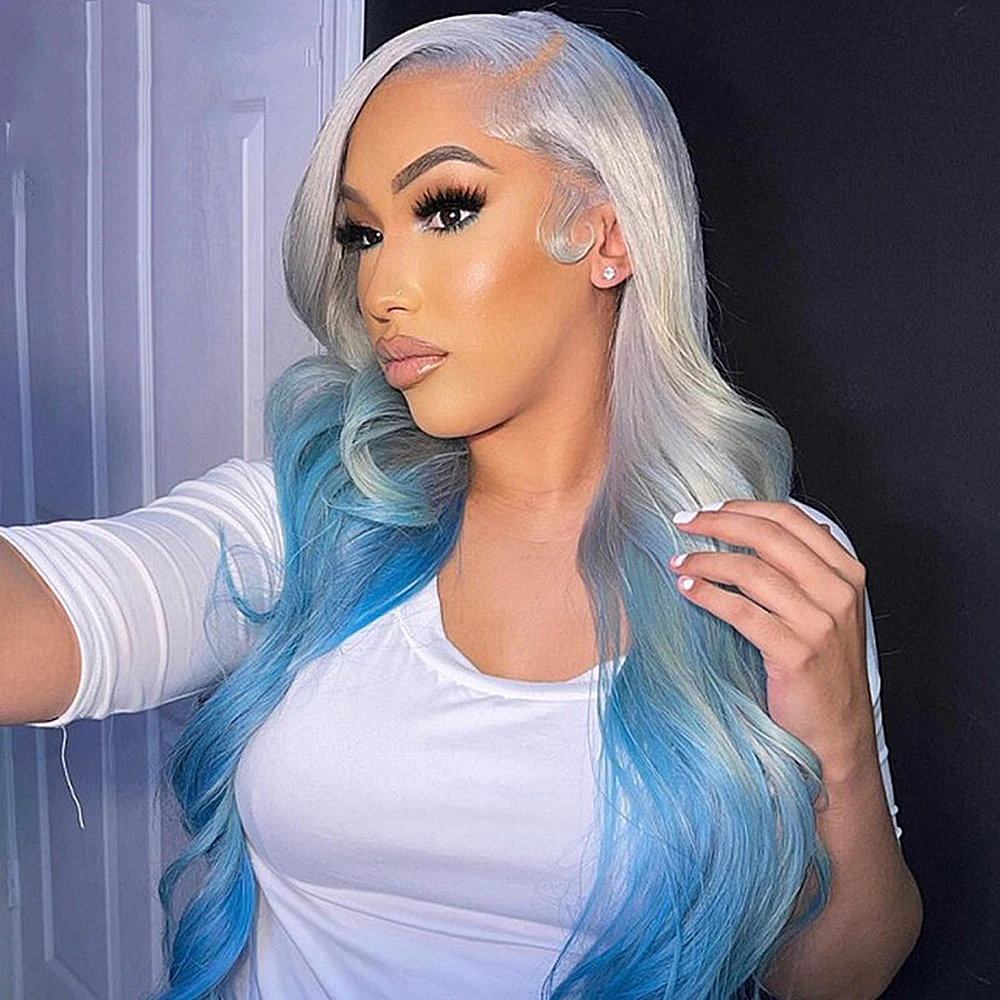 Ombre blue Human hair 360 lace frontal wigs for women gray roots straight HD Transparent 13x4 Lace Front Wigs brazilian hair