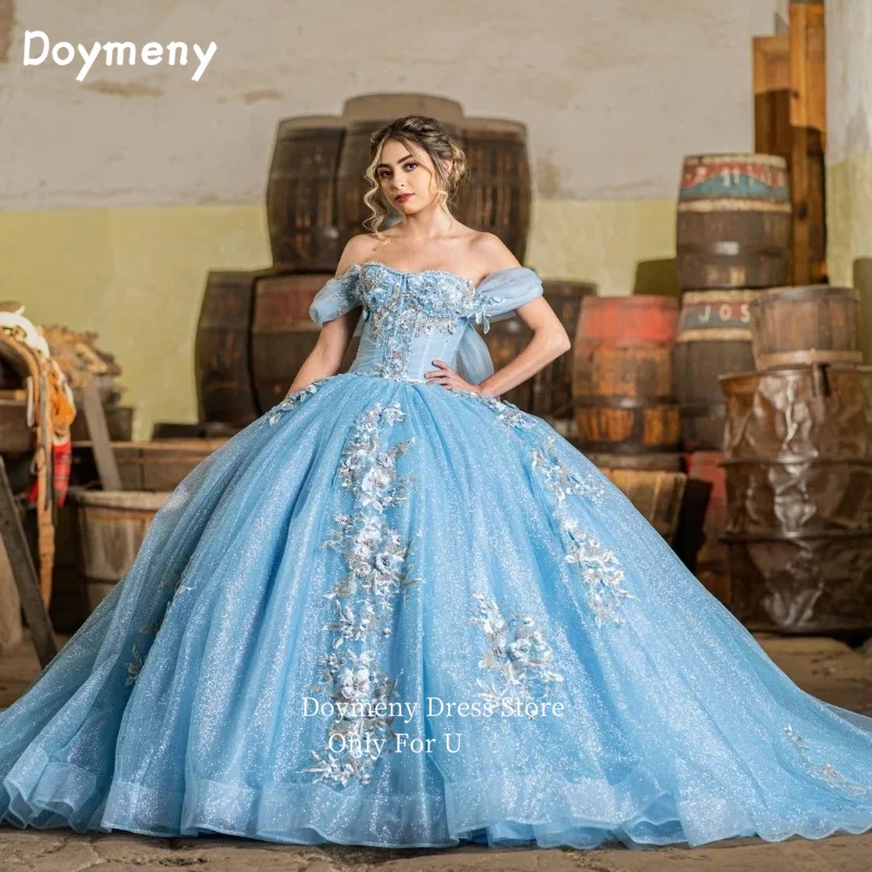 Doymeny Off Shoulder Sparkling Tulle Quinceanera Dresses Appliques Long Train Sweet 16 Dress vestidos de 15 quinceañera