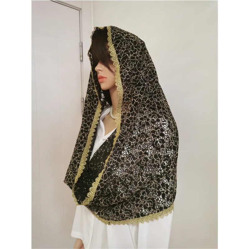 Preto e ouro laço oco mantilla véus para igreja católica mulher vintage redondo cabeça cobrindo luxo