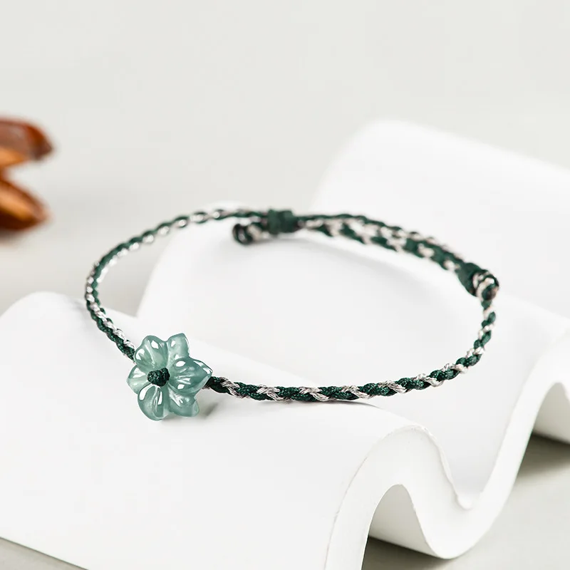 Natural Type A Jadeite Blue Water Orchid Bracelet Handmade Woven Cord 