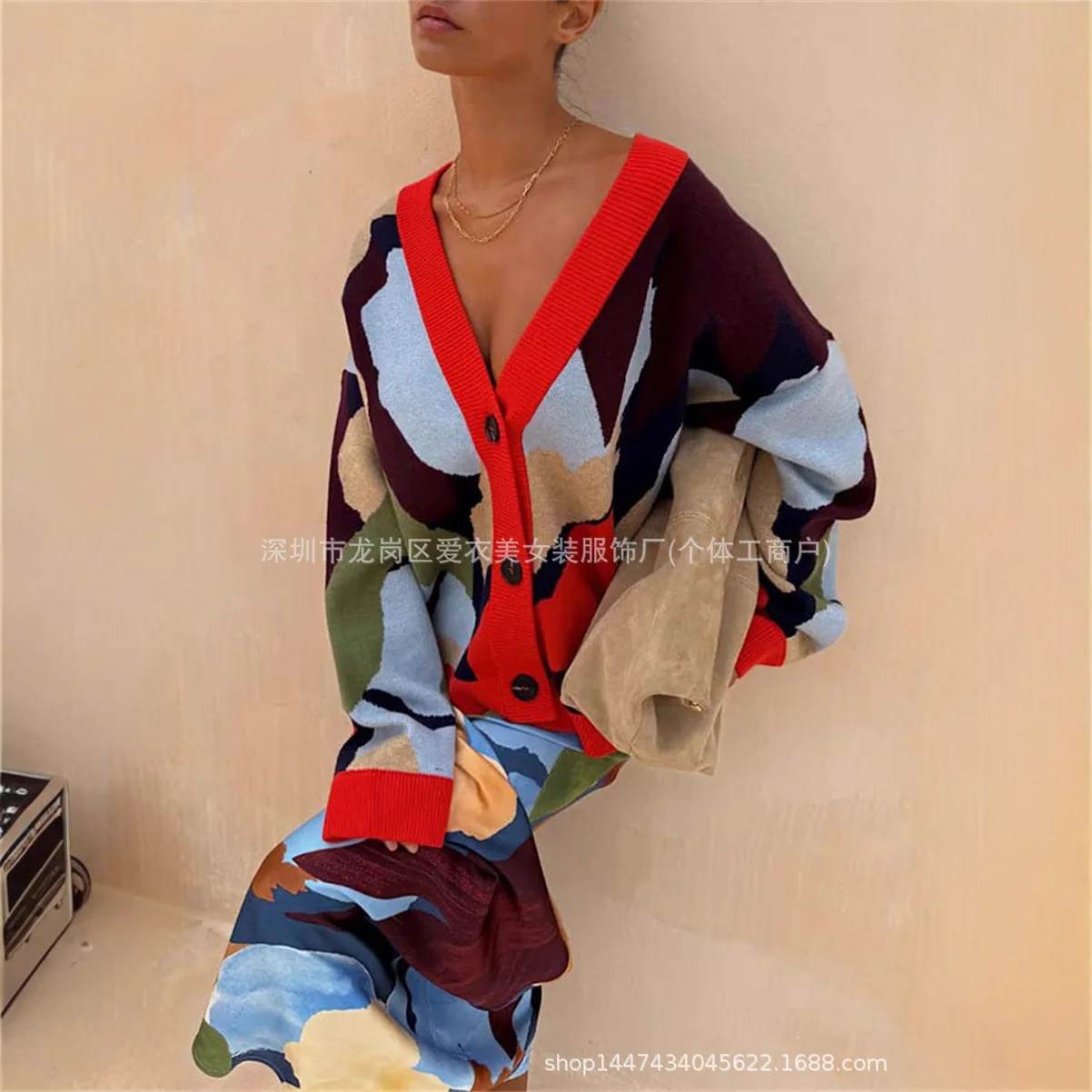 2025 Otoño Invierno nuevo bloque de Color Jacquard suelto cuello en V cárdigan de manga larga mujeres multicolor opcional moda versátil Top