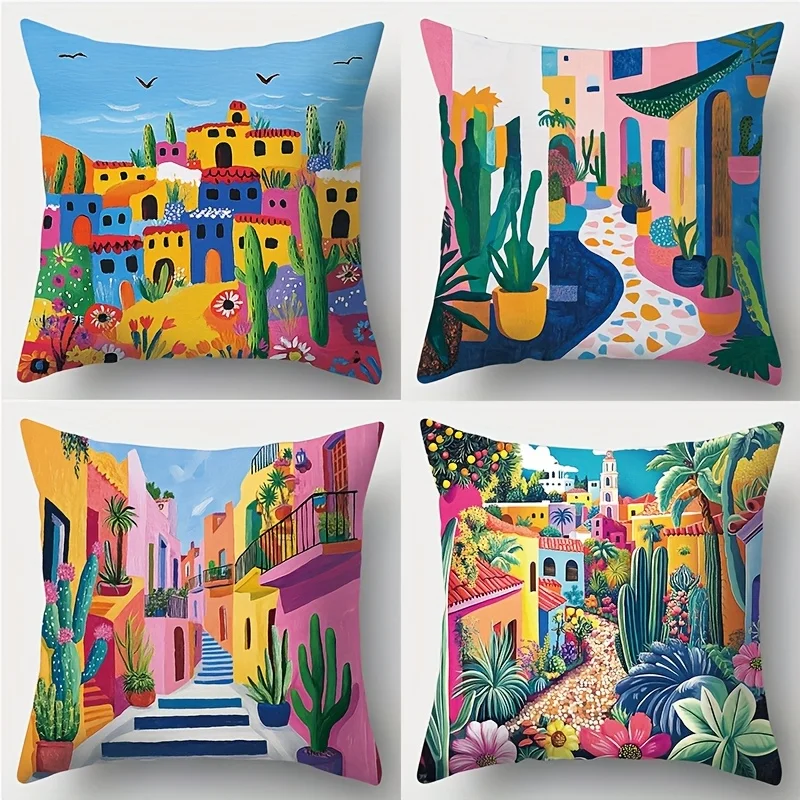 Set of 4 Throw Pillow Cases Boho Cactus Art Print Mediterranean Home Decor Cushion Cover 45x45cm Vibrant Fiesta Accent Pillows