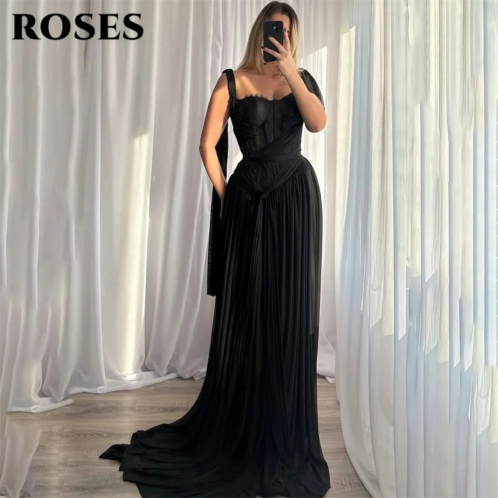 

ROSES Black Chiffon Party Dress Spaghetti Strap Beach Night Dress with Beaded and Lace Celebrity Dress for Woman Customized