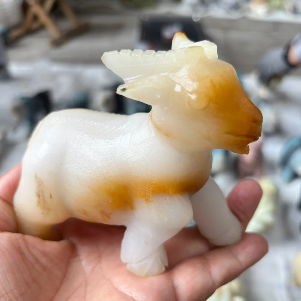 Natural Crystal Jade Stone Calcite Goat Animal Figurine Reiki Healing Gothic Hand Carved Home Table Ornament Gift