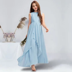 A-line Scoop Floor-Length Chiffon Junior Bridesmaid Dress With Cascading Ruffles Sky Blue Flower Girl Dress for Wedding Teens