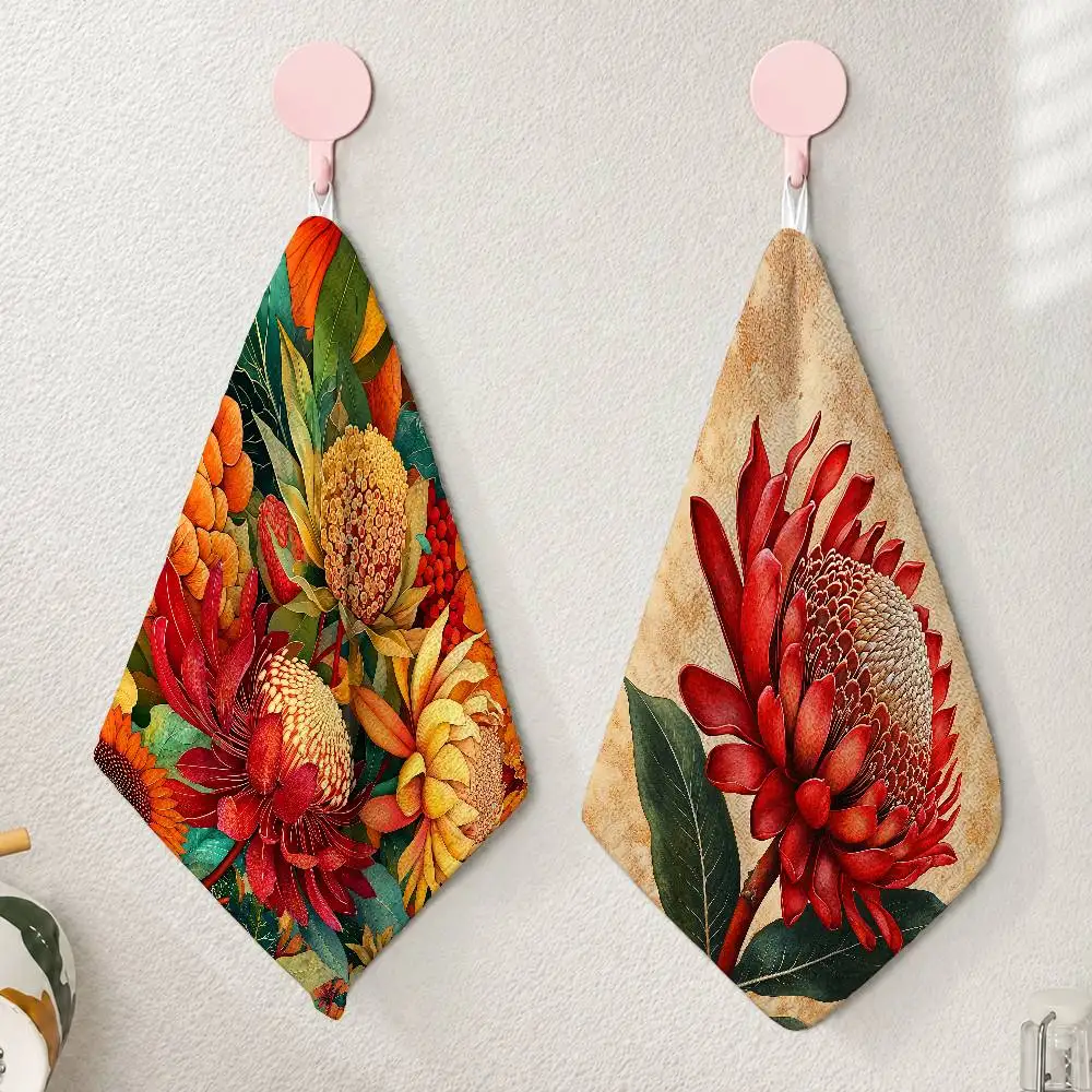 Australian Waratah Flower Polyester Cotton Printed Hand Towel Soft Small Towel 25x30cm For Bathroom Wash Basin Kitchen