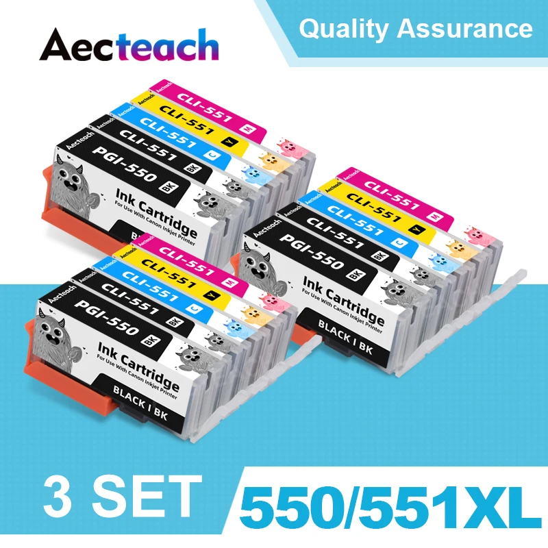 Aecteach For Canon Ink Cartridges PGI-550 Bk CLI-551BK CLI-551C CLI-551M CLI-551Y CLI-551 PIXMA iP8750 MG6350 MG7150 MG7550