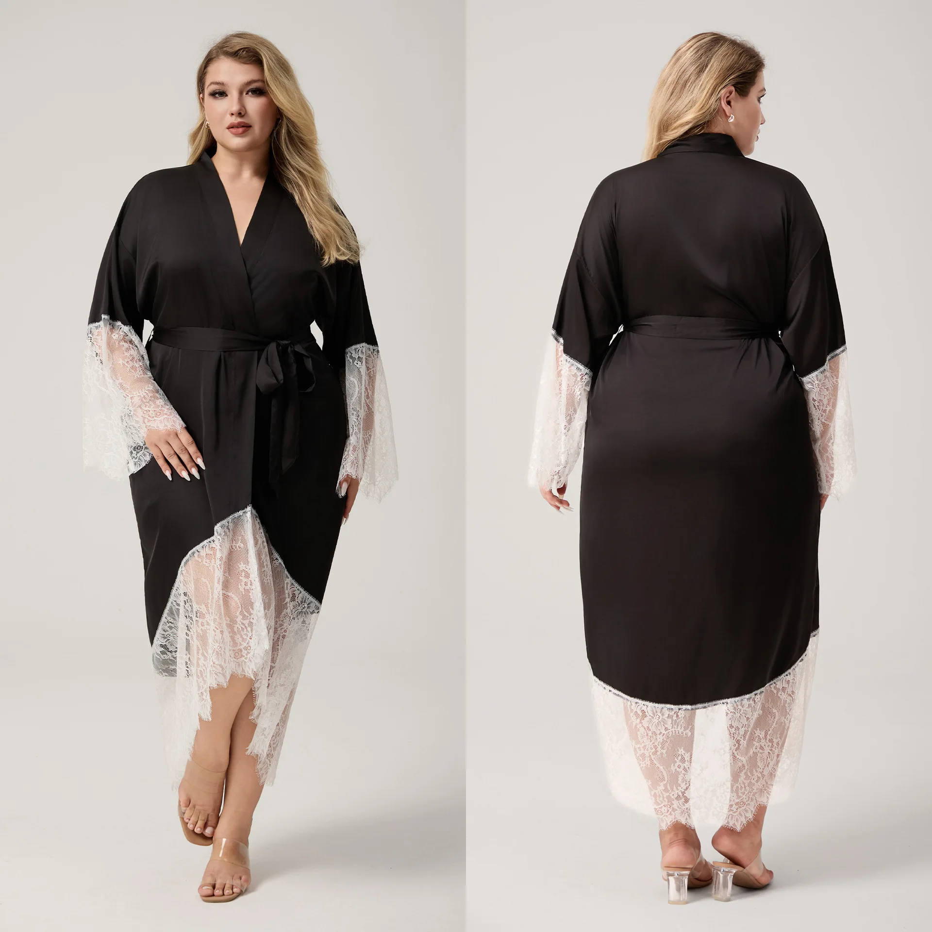 

Female Long Sleeve Robe White Lace Trim Black Kimono Spring Autumn Bathrobe Sleepwear Loose Casual Loungewear Negligee