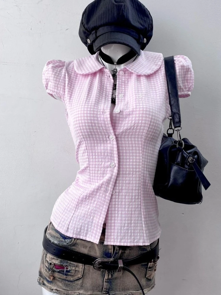 

Vintage Sweet Pink Plaid Short Sleeve T-Shirts Women's Summer Casual Slim Doll Collar Tees Hot Girl Y2k Retro Skinny Blouse New