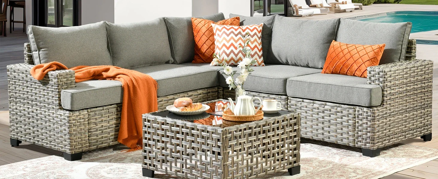 6 pcs outdoor sectional L shaped with Light table dark grey