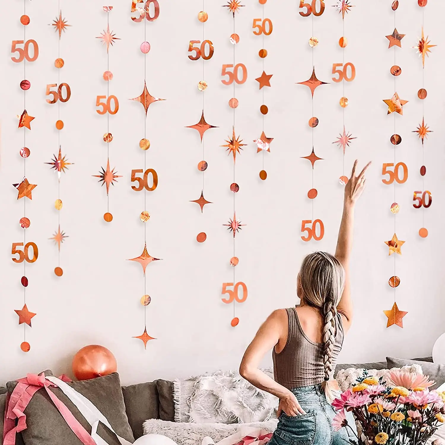 

Rose Gold 50th Birthday Decorations 50 Circle Dot Twinkle Star Garlands Hanging Backdrop for Anniversary Fiftieth Party Supplies