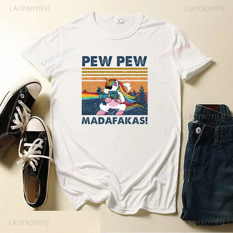 Pew Pew Madafakas Woman Graphic T Shirts Cartoon Unicorn Humor Tee Shirt Man Harajuku Round Collar T-Shirts Summer Loose Clothes