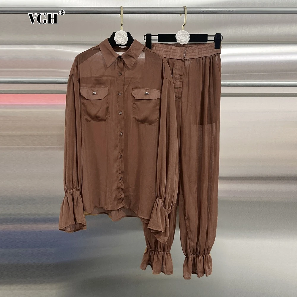 

VGH Casual Sheer Mesh Two Piece Set for Women Lapel Long Sleeve Shirt High Waist Bloomer Pants Fashionable Suit Female Autumn