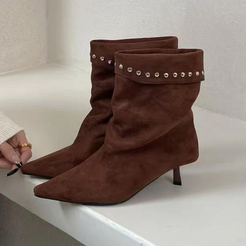 

High Heels Women's Ankle Boots Pointed Toe Suede Fashion Shoes Luxury Winter Boots 2025 New Dress Sexy Elegant Pumps Mujer Botas