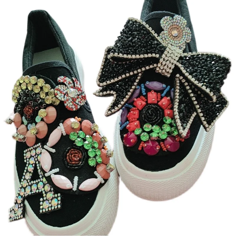 Black Sneakers Letter Rhinestone Crystal Bow Oversized Bow Flatform Sole Beaded Floral Letter Espadrilles 3cm Flats Women Shoes