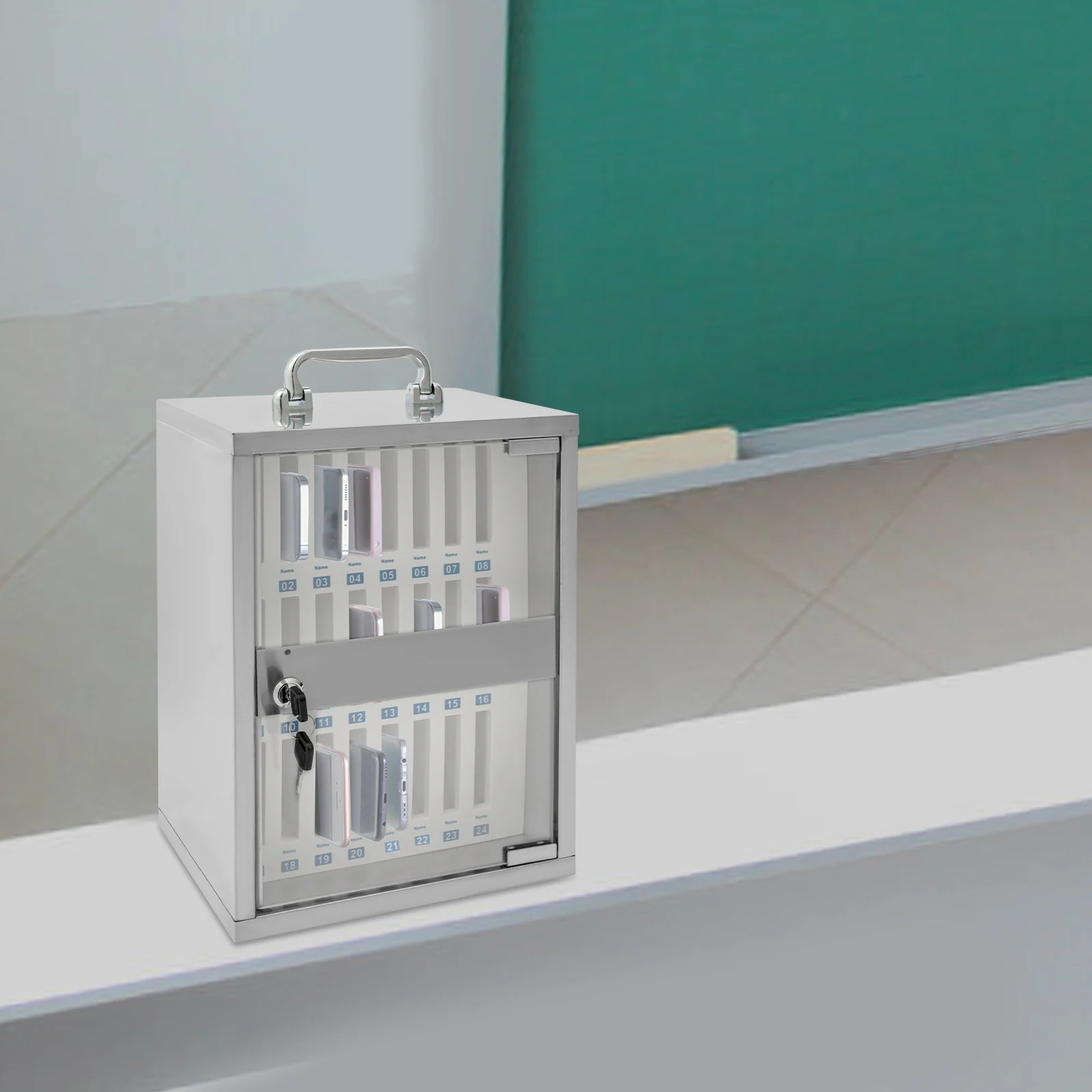 24-Slot Cell Phone Storage Cabinet Portable Phone Storage Cabinet Stainless Steel Storage Box with Round Door Handle