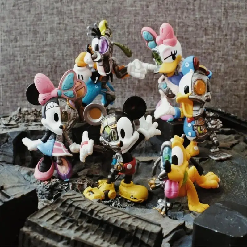 Disney Mickey and Friends Cyborg Blind Box Action Figure Half Robot Style Surprise Toy Donald Anime Figurine Statue Model Gifts