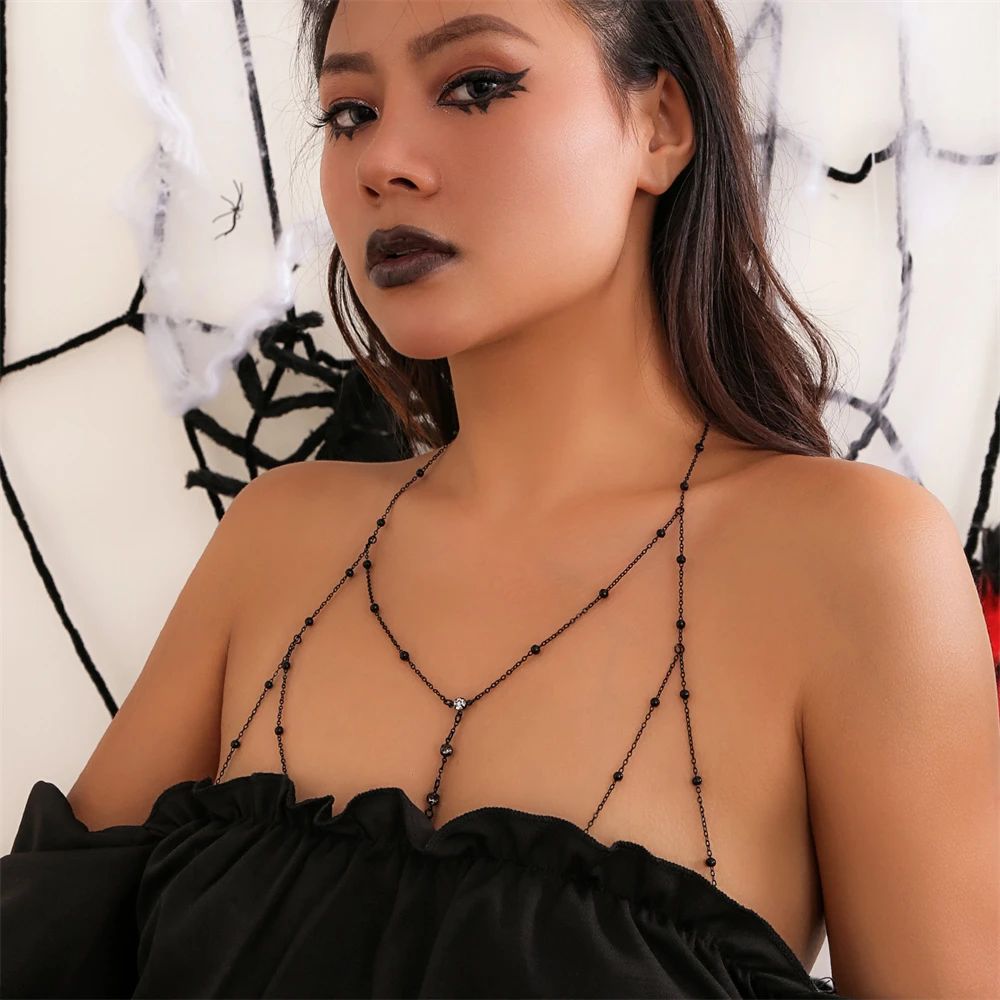الراين شرابة الجسم سلسلة بيكيني للشاطئ اكسسوارات الزفاف المرأة الأسود مثير الصدرية عبر الجسم سلسلة قلادة المجوهرات