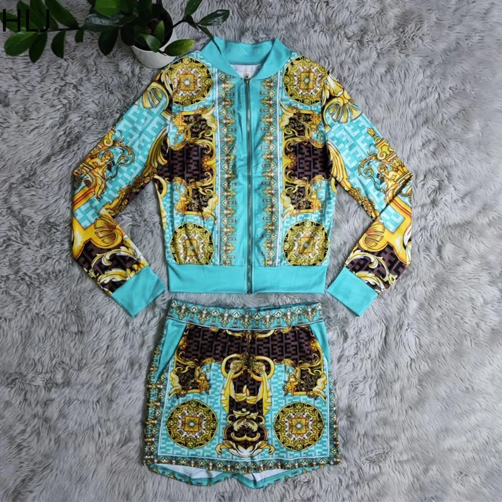 HLJ Fashion Retro Pattern Print Shorts Two Piece Sets Women Zip Long Sleeve Top And Shorts Outfit Casual Vintage 2pcs Streetwear