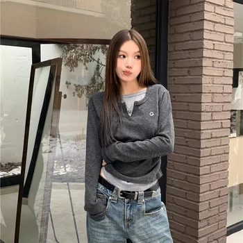 여성용 페이크 투피스 긴팔 티셔츠, 슬림 핏 및 슬림 하단 탑, 레트로 하단 탑, 가을 및 겨울