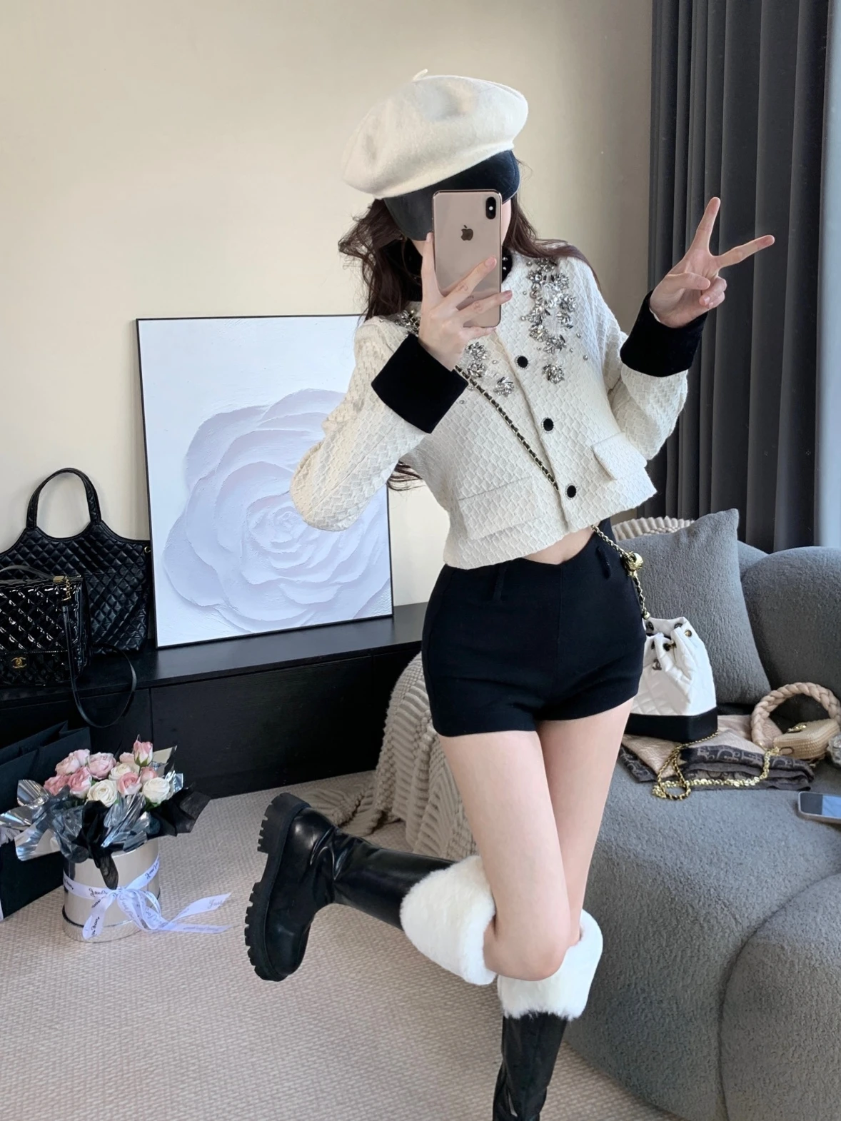 

Heavyweight Wool Blend Knit Top for Women Ele Splicing Design Faionable And Sli Long Sve V Ne Jaet