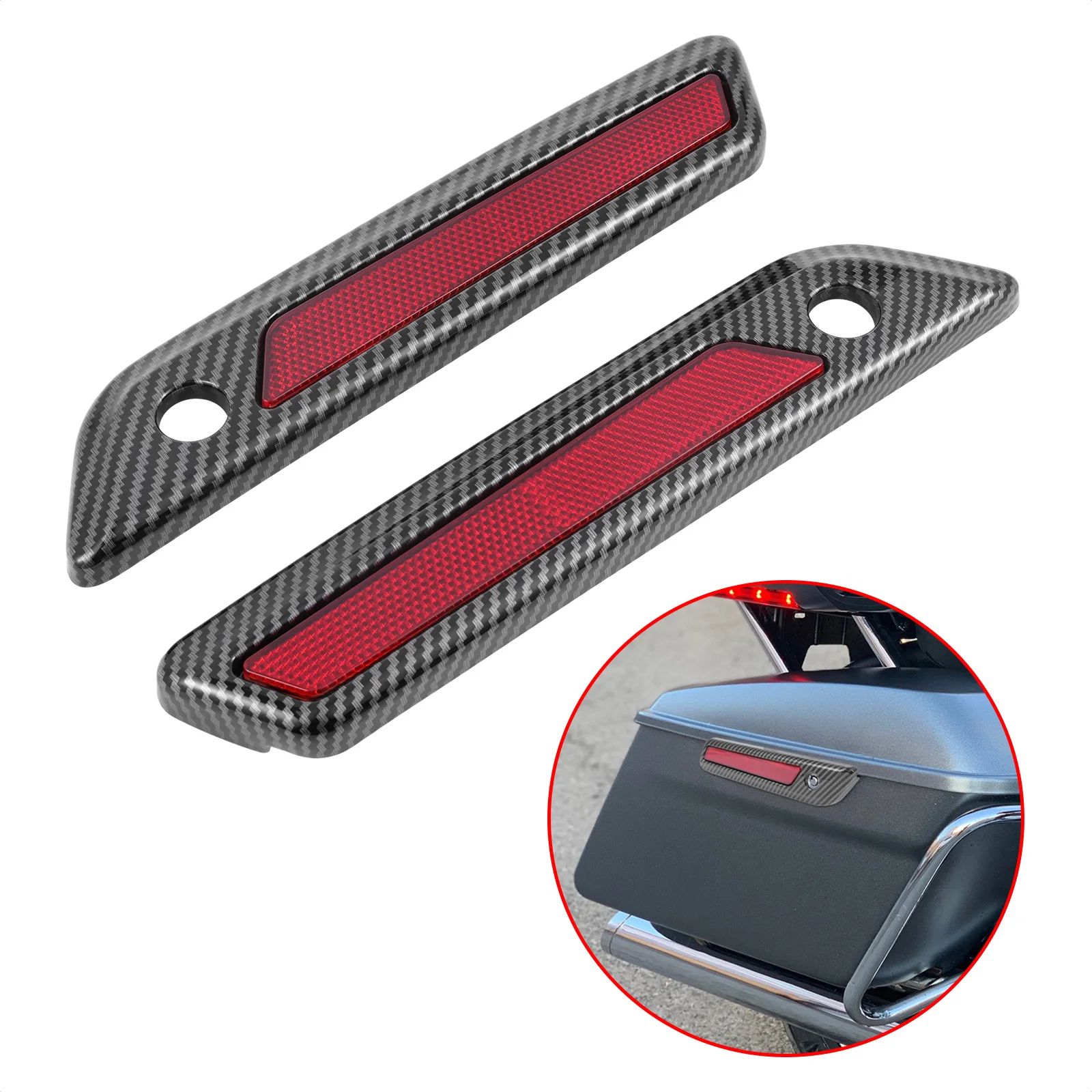 Motorcycle Carbon Fiber Hard Saddlebag Lock Plated Cover with Red Reflector for Harley Glide 2014+ 14-22