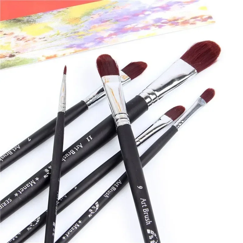 6pcs/Set burgundy red Nail shape nylon hair brushes matte Black long  wood rod Watercolor Gouache painting acrylic painting pen