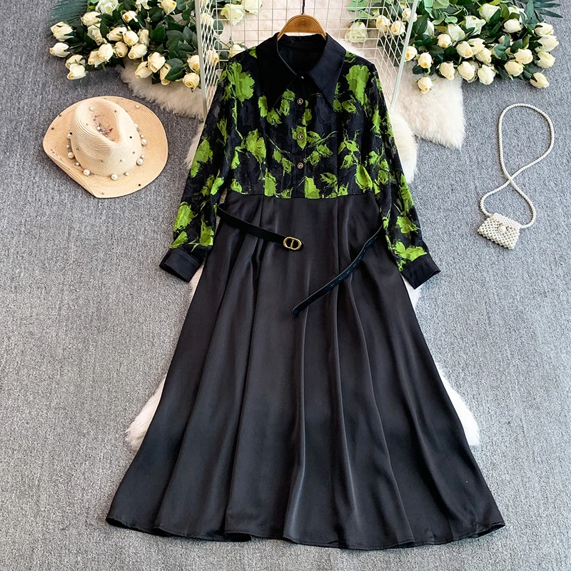 French style retro mesh printed dress women light luxury satin splicing waist cinching and slimming big swing long skirt