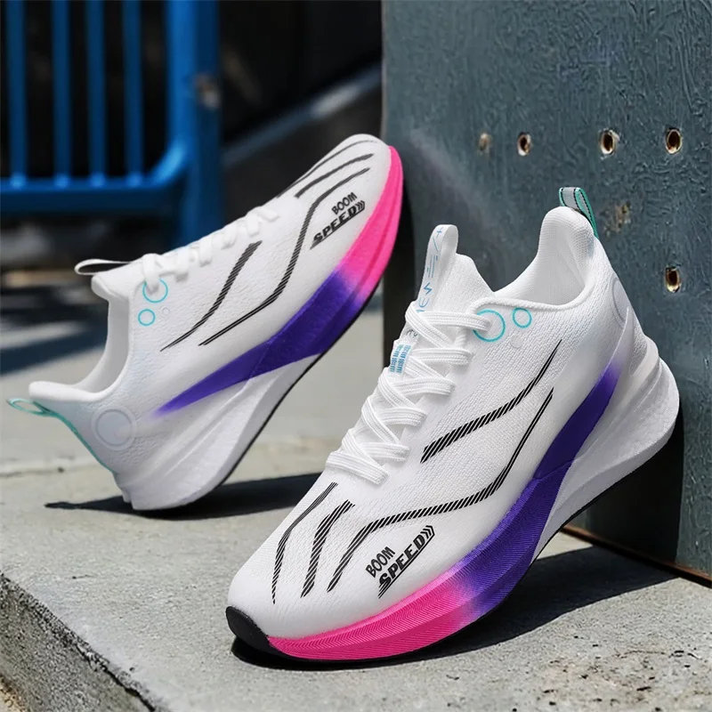 

BOOM SPEED High-Elasticity Shock Absorption Racing Running Shoes White-Purple Gradient Breathable Mesh Unisex Marathon Body Test