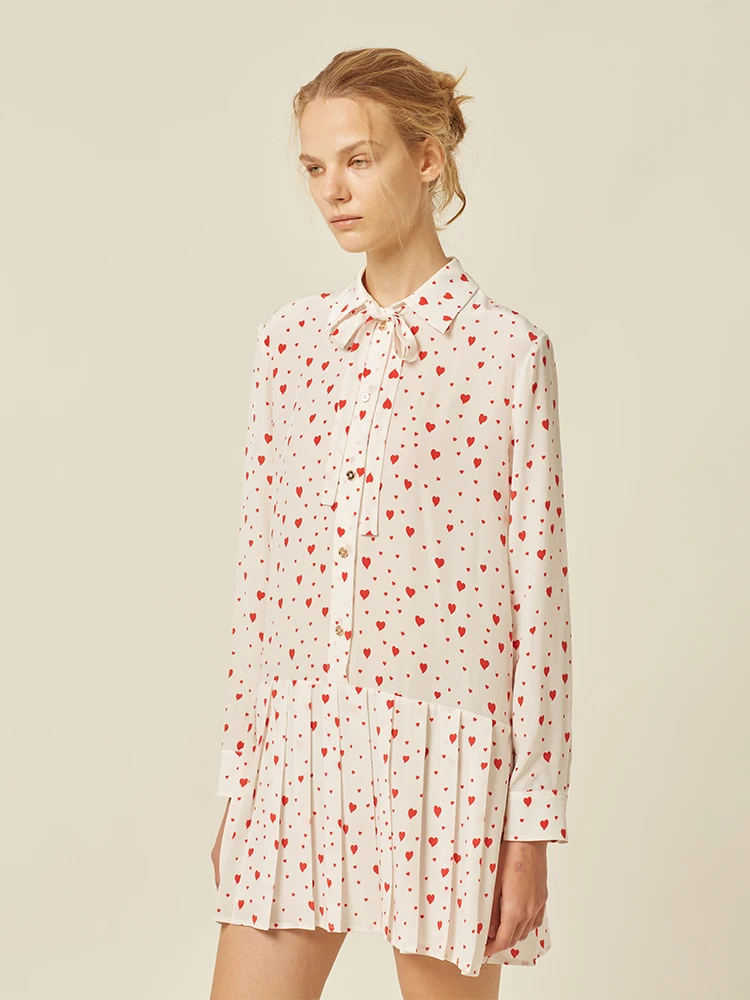 

BONUET 8 Momme Silk Silk Long Sve irt Dr Heart Print Плиссированная талия Ele Женская весна-лето Au...