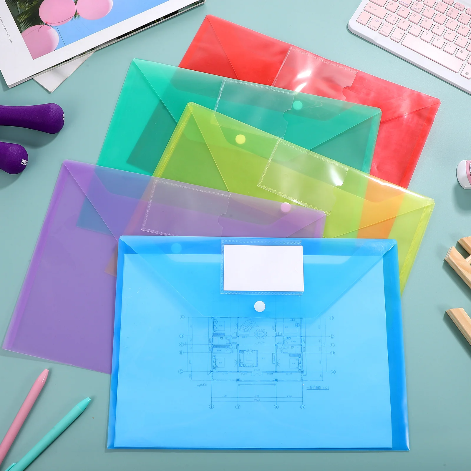 20pcs Envelopes Plastic File Holders Sturdy Water Resistant Button Closure Label Pocket Document Organizer Office