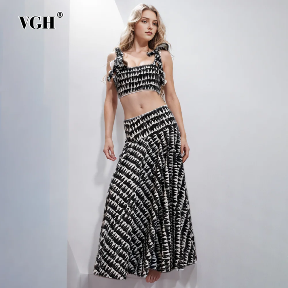 

VGH Sexy Printing Two Piece Set For Women Square Collar Sleeveless Top High Waist A Line Long Skirt Slimming Sets Female Style